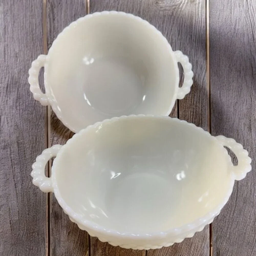 Anchor Hocking French Ivory Hobnail Bowl Dish With Handles‎ Glass Set 2 Vintage